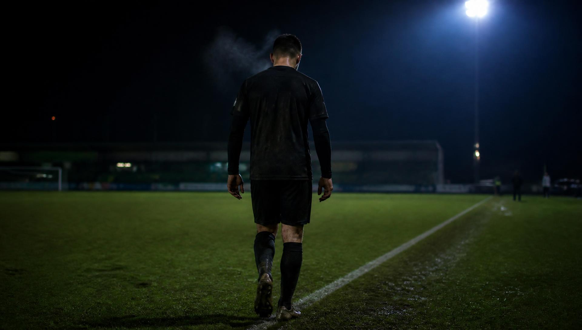 Football player leaving a floodlit pitch after a night match