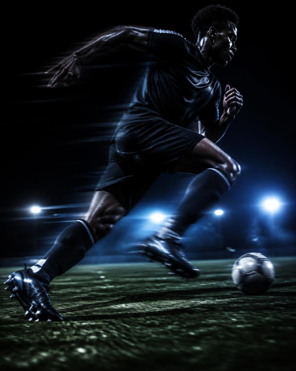 Player sprinting with the ball under floodlights