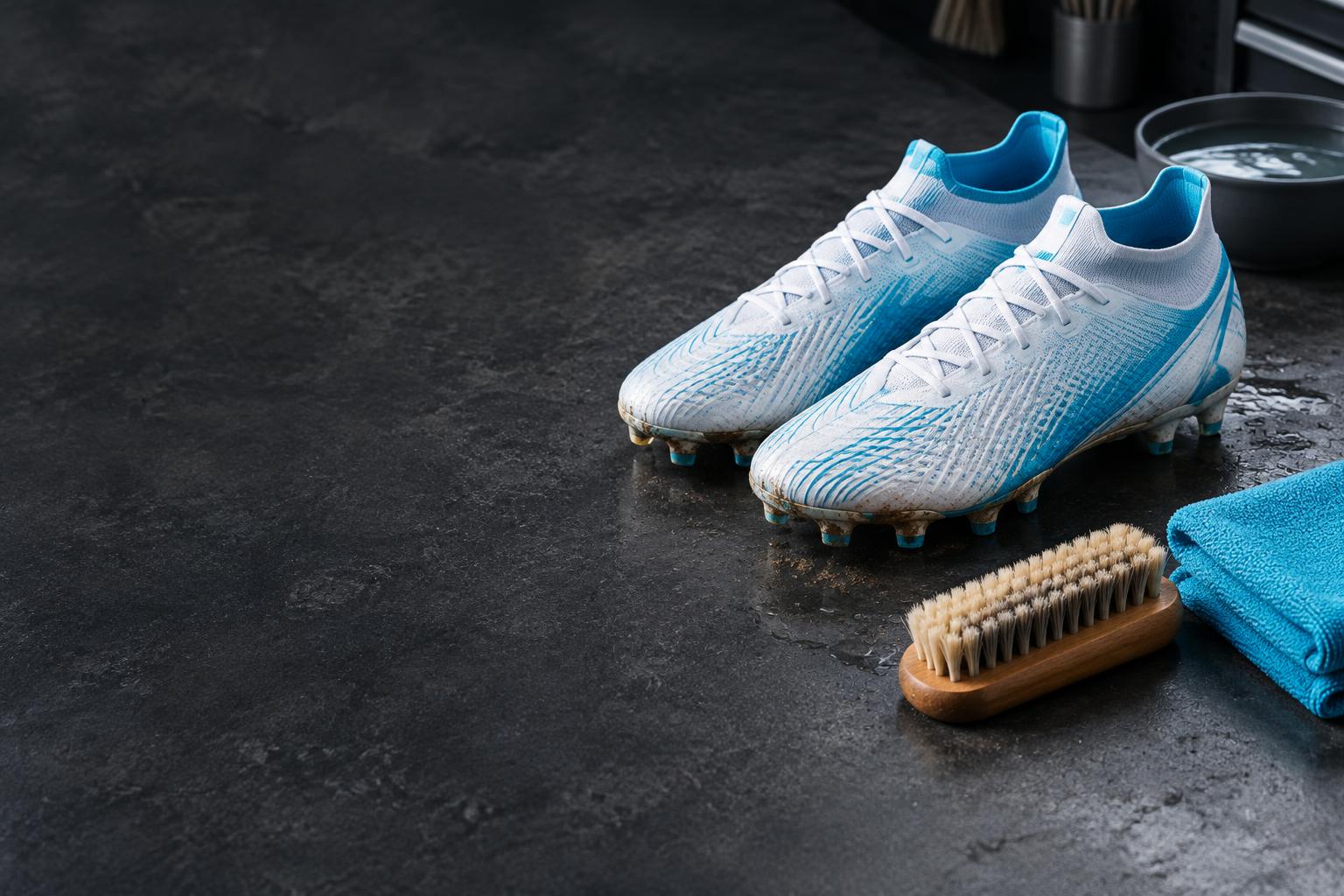 White and blue football boots beside a soft cleaning brush, microfibre towel and water on a workbench